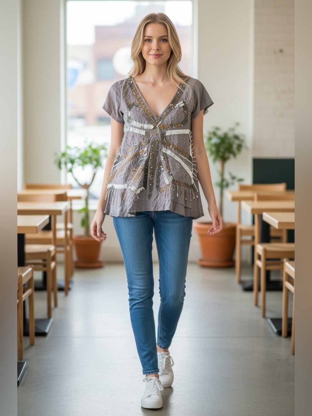 Kimchi Blue Silk Sequin Embellished Top Gray Sz S
